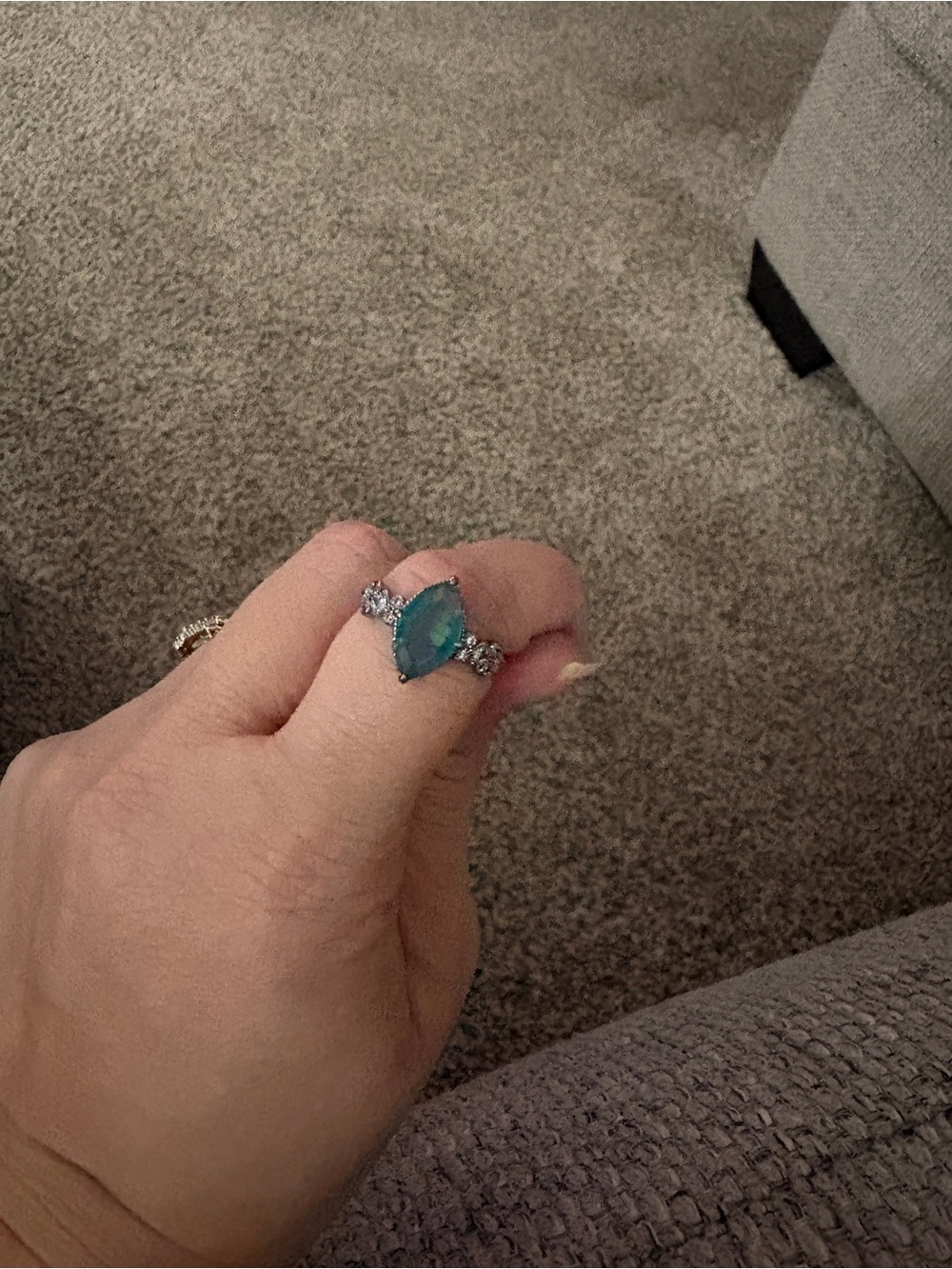 Teardrop Blue-Green Gemstone Ring with Silver Accent Stones